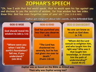 God should reveal His
wisdom to Job (v. 5-6)
“Where were you
when I laid the
earth’s foundation?
Tell me, if you
understand.”
(Job 38:4)
God has punished you
less than you deserve
(v. 6)
“The Lord has
chastened me
severely, but he has
not given me over to
death.”
(Psalm 118:18)
No one can know as
much as God does
(v. 7-9)
“Whom did the Lord
consult to enlighten him,
and who taught him the
right way? Who was it
that taught him
knowledge, or showed
him the path of
understanding?”
(Isaiah 40:14)
“Oh, how I wish that God would speak, that he would open his lips against you
and disclose to you the secrets of wisdom, for true wisdom has two sides.
Know this: God has even forgotten some of your sin.” (Job 11:5-6 NIV)
Zophar got indignant about Job’s words, so he defended God:
Zophar was as based on the Bible as Bildad was.
Then why was Zophar wrong too?
 