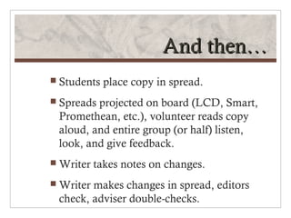 And then…
 Students   place copy in spread.
 Spreadsprojected on board (LCD, Smart,
 Promethean, etc.), volunteer reads copy
 aloud, and entire group (or half) listen,
 look, and give feedback.
 Writer   takes notes on changes.
 Writermakes changes in spread, editors
 check, adviser double-checks.
 