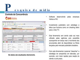 P esquisa de mídia Controle da Concorrência Software desenvolvido pelas empresas Vértice e FW. Investimento publicitário com estratégia e tática que funciona como um checking diário para o meio TV. Esta ferramenta vem sendo cada vez mais utilizada pelas agências pois possibilita acompanhar em tempo real o movimento dos anunciantes além de disponibilizar os filmes lançados pelo mercado publicitário brasileiro.  Com esta ferramenta é possível “desenhar” a estratégia de campanhas em televisão, por exemplo, com maior rapidez para reação do cliente a curto prazo. Os dados são atualizados diariamente. 