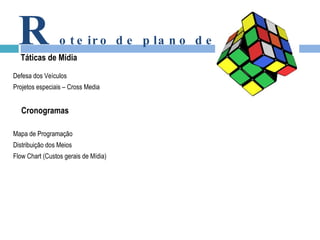 Defesa dos Veículos Projetos especiais – Cross Media   Cronogramas Mapa de Programação Distribuição dos Meios Flow Chart (Custos gerais de Mídia) R oteiro de plano de mídia Táticas de Mídia 