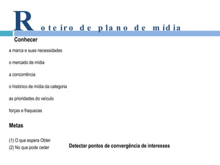 a marca e suas necessidades o mercado de mídia a concorrência o histórico de mídia da categoria as prioridades do veículo forças e fraquezas Metas (1) O que espera Obter (2) No que pode ceder R oteiro de plano de mídia Conhecer Detectar pontos de convergência de interesses 