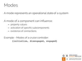 Modes
A mode represents an operational state of a system
A mode of a component can influence:
– property values
– activation of specific subcomponents
– existence of connections
Example - Modes of a cruise controller:
{initialize, disengaged, engaged}
 