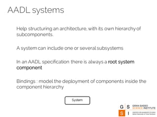 AADL systems
Help structuring an architecture, with its own hierarchyof
subcomponents.
A system can include one or several subsystems
In an AADL specification there is always a root system
component
Bindings : model the deployment of components inside the
component hierarchy
System
 