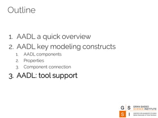 Outline
1. AADL a quick overview
2. AADL key modeling constructs
1. AADL components
2. Properties
3. Component connection
3. AADL: tool support
 