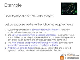 Example
Goal: to model a simple radar system
Let us suppose we have the following requirements:
1. Systemimplementation is composed of physicaldevices (Hardware
entity):antenna + processor + memory + bus
2. and software entities : running processes and threads + operating system
functionalities (scheduling) implemented in the processor that represent a
part of executionplatform and physicaldevices in the same time
3. The main process is responsible for signals processing : general pattern:
transmitter -> antenna -> receiver -> analyzer -> display
4. Analyzer is a periodic thread that compares transmitted and received
signals to perform detection, localizationand identification
 