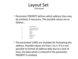 Layout Set
Commands
• Parameter PRIORITY defines which address lines may
be omitted, if necessary. The possible values are as
follows :
A Form of address
B Mandatory blank line 1
C Mandatory blank line 2
2 Name2
3 Name3
4 Name4
L Country name
S Street line
O City line
• The parameter LINES are available for formatting the
address. Possible values are from 1 to n. If it is not
possible to format all address data due to a lack of
lines, the data which is entered in the parameter
PRIORITY is omitted.
 