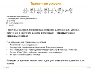 [8/28]
H – пьезометрический напор
k – коэффициент проницаемости грунта
Q – расход
– влагосодержание
t – время
Граничные условия, описывающие поровое давление или условия
истечения, в контексте расчёта фильтрации – гидравлические
граничные условия
Гидравлические граничные условия
• Nodal Head – узловое давление
• Seepage Face – поверхность фильтрации  водные границы
• Flux (Nodal/Surface) – поток (узловой/поверхностный)  граница с питанием
• Ground Water Table – таблица с данными о грунтовых водах
• No flow – непроницаемая граница
Функции от времени используются для учета изменения давления или
потока
Граничные условия
 
