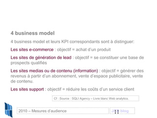 11
4 business model
4 business model et leurs KPI correspondants sont à distinguer:
Les sites e-commerce : objectif = achat d’un produit
Les sites de génération de lead : objectif = se constituer une base de
prospects qualifiés
Les sites medias ou de contenu (information) : objectif = générer des
revenus à partir d’un abonnement, vente d’espace publicitaire, vente
de contenu.
Les sites support : objectif = réduire les coûts d’un service client
Cf : Source : SQLI Agency – Livre blanc Web analytics.
2010 – Mesures d’audience JCD blog
 