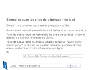 13
Exemples avec les sites de génération de lead
Objectif = se constitue une base de prospects qualifiés
(formulaire – inscription newsletter – mini-sites et jeux concours etc.)
Taux de conversion du formulaire de prise de contact : diviser le
nombre de lead par le nombre de visites.
Taux de conversion de chaque source de trafic : savoir quelle
source génère le plus de trafic est un indicateur précieux. Il vous
permettra d’arbitrer vos investissements en ligne.
Etc.
Cf : Source : SQLI Agency – Livre blanc Web analytics.
2010 – Mesures d’audience JCD blog
 