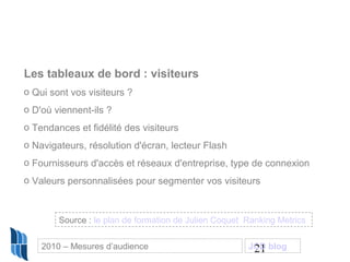 21
Les tableaux de bord : visiteurs
o Qui sont vos visiteurs ?
o D'où viennent-ils ?
o Tendances et fidélité des visiteurs
o Navigateurs, résolution d'écran, lecteur Flash
o Fournisseurs d'accès et réseaux d'entreprise, type de connexion
o Valeurs personnalisées pour segmenter vos visiteurs
Source : le plan de formation de Julien Coquet Ranking Metrics
2010 – Mesures d’audience JCD blog
 