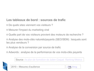 25
Les tableaux de bord : sources de trafic
o De quels sites viennent vos visiteurs ?
o Mesurer l'impact du marketing viral
o Quelle part de vos visiteurs provient des moteurs de recherche ?
o Analyse des mots-clés naturels/payants (SEO/SEM) : lesquels sont
les plus vendeurs ?
o Analyse de la conversion par source de trafic
o Adwords : analyse de la performance de vos mots-clés payants
Source : le plan de formation de Julien Coquet Ranking Metrics
2010 – Mesures d’audience JCD blog
 