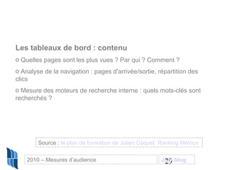 29
Les tableaux de bord : contenu
o Quelles pages sont les plus vues ? Par qui ? Comment ?
o Analyse de la navigation : pages d'arrivée/sortie, répartition des
clics
o Mesure des moteurs de recherche interne : quels mots-clés sont
recherchés ?
Source : le plan de formation de Julien Coquet Ranking Metrics
2010 – Mesures d’audience JCD blog
 