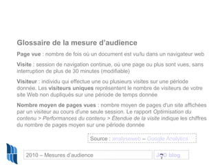 7
Glossaire de la mesure d’audience
Page vue : nombre de fois où un document est vu/lu dans un navigateur web
Visite : session de navigation continue, où une page ou plus sont vues, sans
interruption de plus de 30 minutes (modifiable)
Visiteur : individu qui effectue une ou plusieurs visites sur une période
donnée. Les visiteurs uniques représentent le nombre de visiteurs de votre
site Web non dupliqués sur une période de temps donnée
Nombre moyen de pages vues : nombre moyen de pages d'un site affichées
par un visiteur au cours d'une seule session. Le rapport Optimisation du
contenu > Performances du contenu > Étendue de la visite indique les chiffres
du nombre de pages moyen sur une période donnée
Source : analyseweb – Google Analytics
2010 – Mesures d’audience JCD blog
 