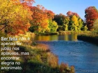 Ser feliz   não é apenas ter júbilo nos aplausos, mas encontrar alegria no anonimato. 