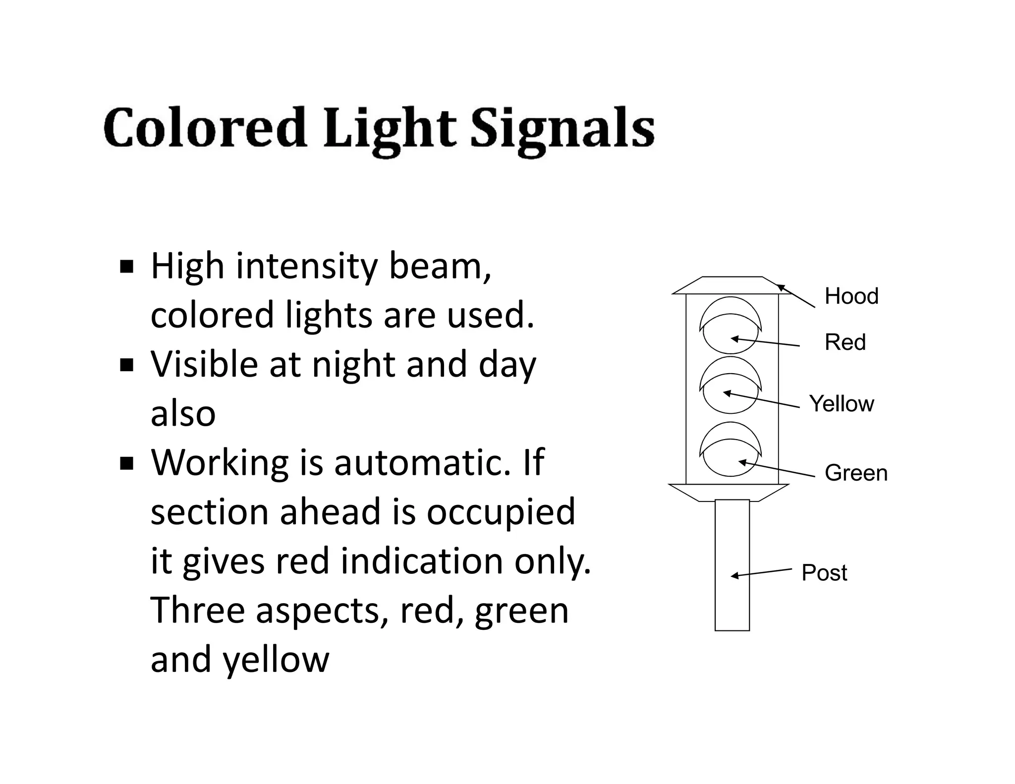  High intensity beam,
colored lights are used.
 Visible at night and day
also
 Working is automatic. If
section ahead is occupied
it gives red indication only.
Three aspects, red, green
and yellow
Hood
Red
Yellow
Green
Post
 