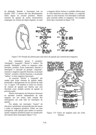 7-26
do platinado. Quando o interruptor está na
posição “ON”, o mesmo não tem absolutamente
efeito algum no circuito primário. Muitos
sistemas de ignição de aviões monomotores
empregam um sistema de duplo-magneto, no qual
o magneto direito fornece a centelha elétrica para
as velas dianteiras em cada cilindro, e o esquerdo
supre as velas traseiras. Um interruptor é utilizado
para controlar ambos os magnetos. Um exemplo
deste tipo é mostrado na figura 7-30.
Figura 7-30 Posição da seletora para uma chave de ignição que controla dois magnetos
Este interruptor possui 4 posições:
“desligado”, “esquerdo”, “direito” e “ambos”. Na
posição “desligado”, ambos os magnetos estão
aterrados, portanto, ficam inoperantes. Quando o
interruptor é colocado na posição “esquerda”,
somente o magneto esquerdo funciona; na posição
“direita”, somente o direito funciona, e na posição
“ambos”, os dois magnetos funcionam.
As posições “direita” e “esquerda” são
usadas para testar sistemas de ignição dupla,
permitindo o desligamento de um sistema de cada
vez. A figura 7-30 também se refere ao circuito
do sistema de ignição por bateria, que será
discutido como unidade auxiliar de ignição na
próxima seção.
Muitos interruptores de bimotores fornecem
ao operador controle independente de cada
magneto em um motor, pela rotação dos
interruptores em cada lado do interruptor de
ignição.
Em adição, um interruptor “master” de
alavanca é geralmente incorporado para dar massa
a todos os magnetos primários. Então, em uma
emergência, toda ignição para ambos os motores
(quatro magnetos primários) pode ser cortada pelo
movimento desse interruptor (figura 7-31).
Figura 7-31 Chave de magneto para um avião
bimotor
 
