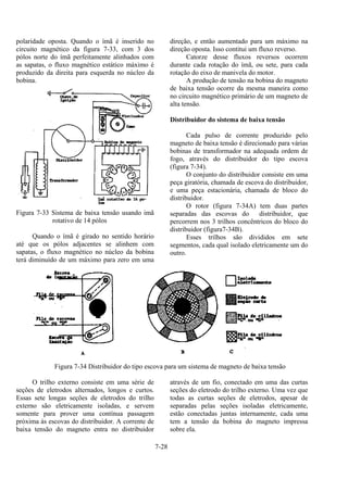 7-28
polaridade oposta. Quando o ímã é inserido no
circuito magnético da figura 7-33, com 3 dos
pólos norte do ímã perfeitamente alinhados com
as sapatas, o fluxo magnético estático máximo é
produzido da direita para esquerda no núcleo da
bobina.
Figura 7-33 Sistema de baixa tensão usando imã
rotativo de 14 pólos
Quando o ímã é girado no sentido horário
até que os pólos adjacentes se alinhem com
sapatas, o fluxo magnético no núcleo da bobina
terá diminuído de um máximo para zero em uma
direção, e então aumentado para um máximo na
direção oposta. Isso contitui um fluxo reverso.
Catorze desse fluxos reversos ocorrem
durante cada rotação do ímã, ou sete, para cada
rotação do eixo de manivela do motor.
A produção de tensão na bobina do magneto
de baixa tensão ocorre da mesma maneira como
no circuito magnético primário de um magneto de
alta tensão.
Distribuidor do sistema de baixa tensão
Cada pulso de corrente produzido pelo
magneto de baixa tensão é direcionado para várias
bobinas de transformador na adequada ordem de
fogo, através do distribuidor do tipo escova
(figura 7-34).
O conjunto do distribuidor consiste em uma
peça giratória, chamada de escova do distribuidor,
e uma peça estacionária, chamada de bloco do
distribuidor.
O rotor (figura 7-34A) tem duas partes
separadas das escovas do distribuidor, que
percorrem nos 3 trilhos concêntricos do bloco do
distribuidor (figura7-34B).
Esses trilhos são divididos em sete
segmentos, cada qual isolado eletricamente um do
outro.
Figura 7-34 Distribuidor do tipo escova para um sistema de magneto de baixa tensão
O trilho externo consiste em uma série de
seções de eletrodos alternados, longos e curtos.
Essas sete longas seções de eletrodos do trilho
externo são eletricamente isoladas, e servem
somente para prover uma contínua passagem
próxima às escovas do distribuidor. A corrente de
baixa tensão do magneto entra no distribuidor
através de um fio, conectado em uma das curtas
seções do eletrodo do trilho externo. Uma vez que
todas as curtas seções de eletrodos, apesar de
separadas pelas seções isoladas eletricamente,
estão conectadas juntas internamente, cada uma
tem a tensão da bobina do magneto impressa
sobre ela.
 