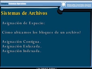 Sistemas de Archivos Asignación de Espacio: Cómo ubicamos los bloques de un archivo? Asignación Contigua. Asignación Enlazada. Asignación Indexada. 