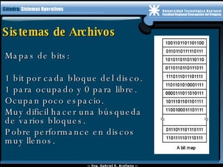 Sistemas de Archivos Mapas de bits: 1 bit por cada bloque del disco. 1 para ocupado y 0 para libre. Ocupan poco espacio. Muy dificil hacer una búsqueda de varios bloques. Pobre performance en discos muy llenos. 