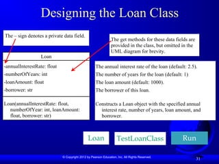© Copyright 2012 by Pearson Education, Inc. All Rights Reserved.
31
Designing the Loan Class
TestLoanClass Run
Loan
Loan
-annualInterestRate: float
-numberOfYears: int
-loanAmount: float
-borrower: str
Loan(annualInterestRate: float,
numberOfYear: int, loanAmount:
float, borrower: str)
The annual interest rate of the loan (default: 2.5).
The number of years for the loan (default: 1)
The loan amount (default: 1000).
The borrower of this loan.
Constructs a Loan object with the specified annual
interest rate, number of years, loan amount, and
borrower.
The get methods for these data fields are
provided in the class, but omitted in the
UML diagram for brevity.
The – sign denotes a private data field.
 