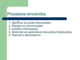Processos envolvidos

1.   Identificar as partes interessadas
2.   Planejar as comunicações
3.   Distribuir informações
4.   Gerenciar as expectativas das partes interessadas
5.   Reportar o desempenho
 