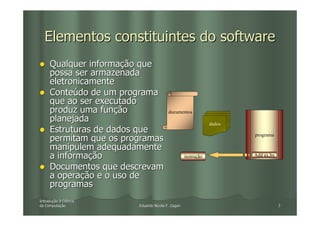 Elementos constituintes do software
     Qualquer informação que
     possa ser armazenada
     eletronicamente
     Conteúdo de um programa
     que ao ser executado
     produz uma função                  documentos
     planejada                                                 dados
     Estruturas de dados que                                           programa
     permitam que os programas
     manipulem adequadamente
     a informação                                  instrução           Add ax,bx

     Documentos que descrevam
     a operação e o uso de
     programas
Introdução à Ciência
Introduç
da Computação
   Computaç             Eduardo Nicola F. Zagari                                   3
 