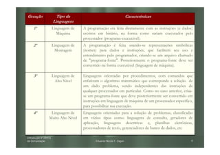 Geração                  Tipo da                                        Características
                       Linguagem
     1ª                Linguagem de   A programação era feita diretamente com as instruções (e dados)
                         Máquina      escritos em binário, na forma como seriam executados pelo
                                      processador (programa-executável).
     2ª                Linguagem de   A programação é feita usando-se representações simbólicas
                        Montagem      (nomes) para dados e instruções, que facilitem seu uso e
                                      entendimento pelo programador, criando-se um arquivo chamado
                                      de "programa-fonte". Posteriormente o programa-fonte deve ser
                                      convertido na forma executável (linguagem de máquina).

     3ª                Linguagem de   Linguagens orientadas por procedimentos, com comandos que
                         Alto Nível   enfatizam o algoritmo matemático que corresponde a solução de
                                      um dado problema, sendo independentes das instruções de
                                      qualquer processador em particular. Como no caso anterior, criaa-
                                      se um programa-fonte que deve posteriormente ser convertido em
                                      instruções em linguagem de máquina de um processador específico,
                                      para possibilitar sua execução.
     4ª            Linguagem de       Linguagens orientadas para a solução de problemas, classificadas
                  Muito Alto Nível    em vários tipos como: linguagens de consulta, geradores de
                                      aplicação, linguagens descritivas e, planilhas eletrônicas,
                                      processadores de texto, gerenciadores de banco de dados, etc

Introdução à Ciência
Introduç
da Computação
   Computaç                                  Eduardo Nicola F. Zagari                                 9
 