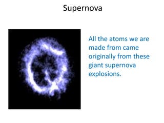 Supernova


     All the atoms we are
     made from came
     originally from these
     giant supernova
     explosions.
 