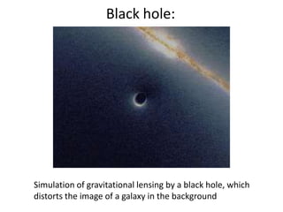 Black hole:




Simulation of gravitational lensing by a black hole, which
distorts the image of a galaxy in the background
 
