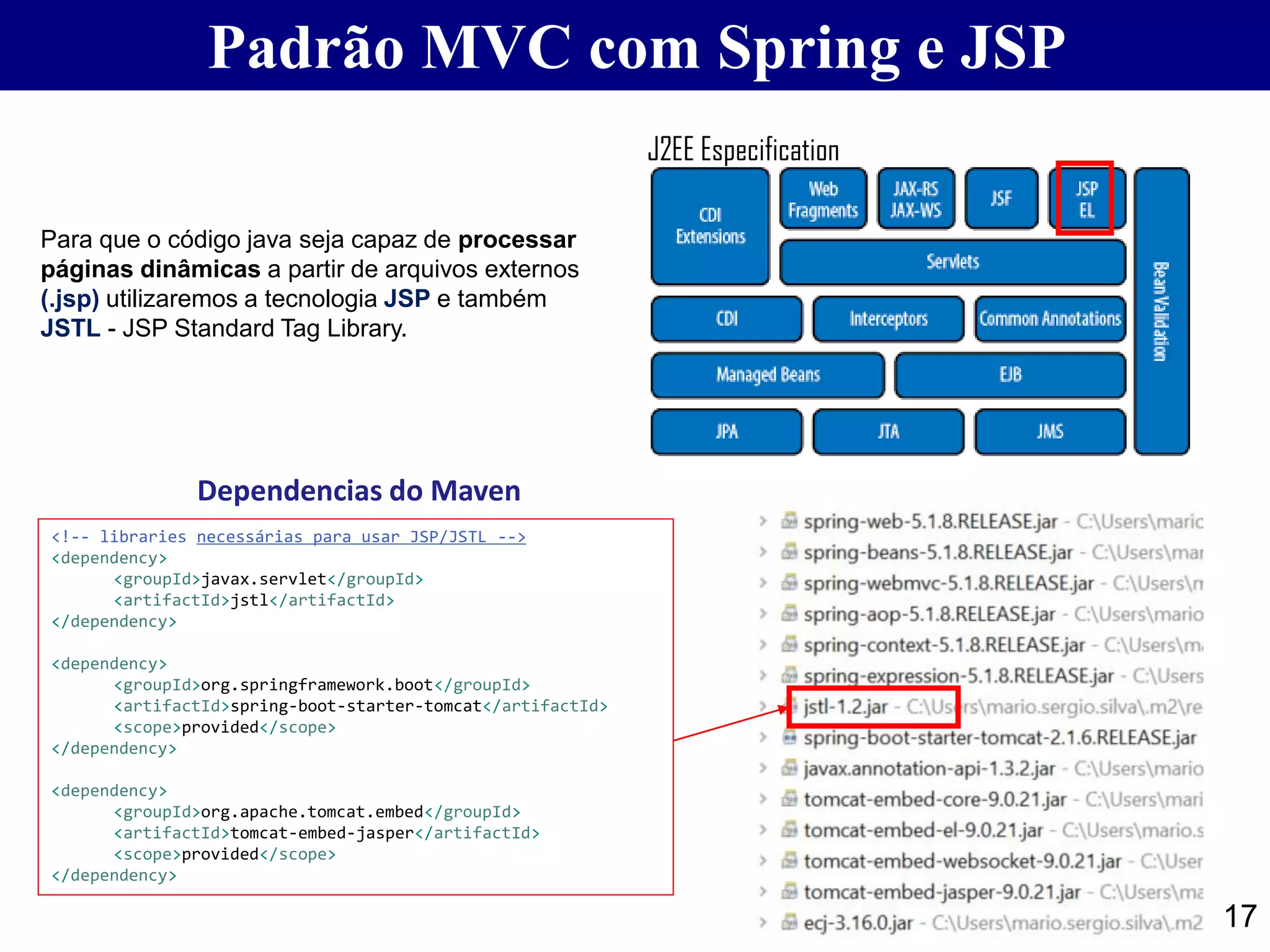 17 Padrão MVC com Spring e JSP J2EE Especification Para que o código java seja capaz de processar páginas dinâmicas a partir de arquivos externos (.jsp) utilizaremos a tecnologia JSP e também JSTL - JSP Standard Tag Library. <!-- libraries necessárias para usar JSP/JSTL --> <dependency> <groupId>javax.servlet</groupId> <artifactId>jstl</artifactId> </dependency> <dependency> <groupId>org.springframework.boot</groupId> <artifactId>spring-boot-starter-tomcat</artifactId> <scope>provided</scope> </dependency> <dependency> <groupId>org.apache.tomcat.embed</groupId> <artifactId>tomcat-embed-jasper</artifactId> <scope>provided</scope> </dependency> Dependencias do Maven 