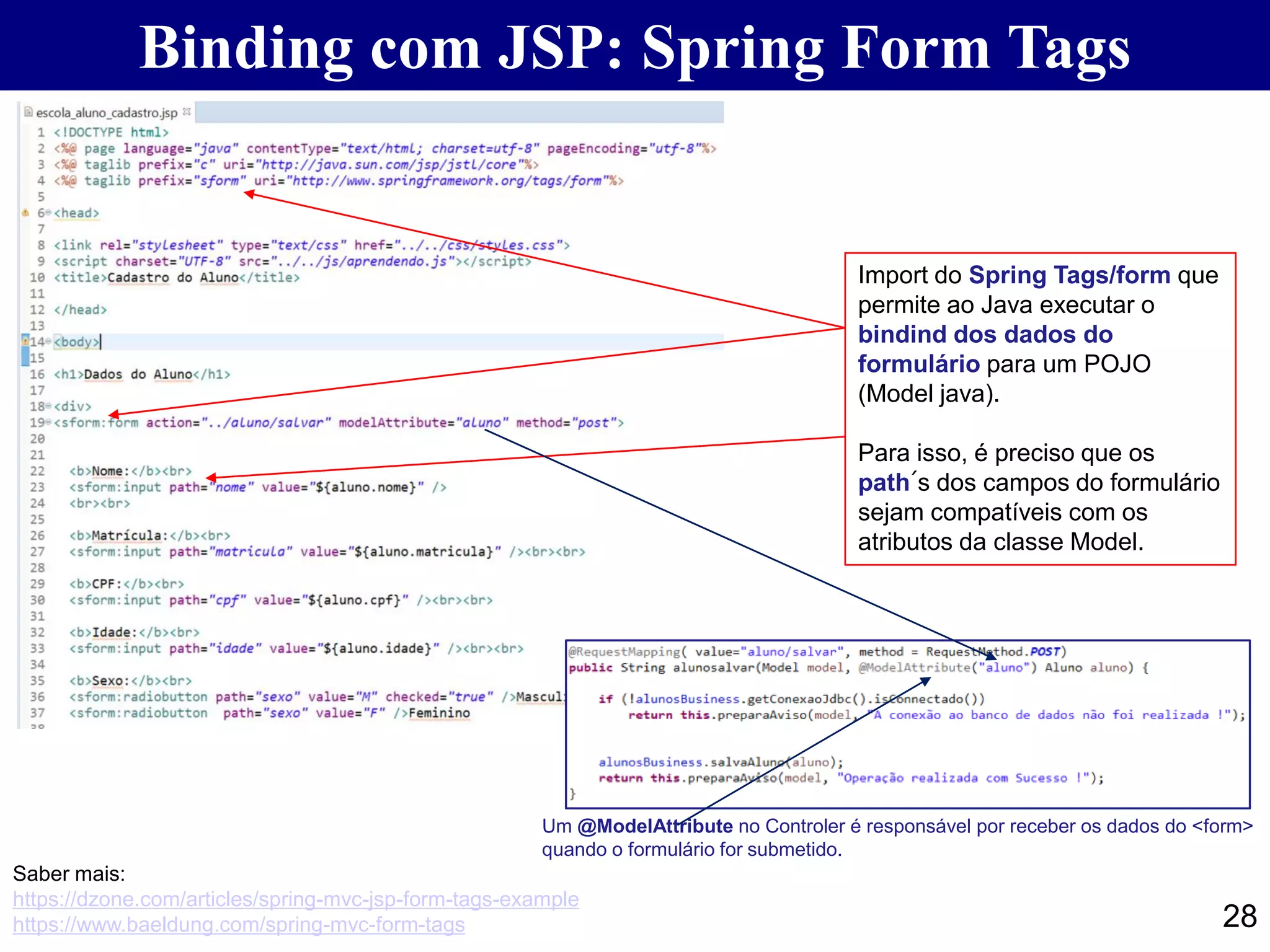 28 Binding com JSP: Spring Form Tags Saber mais: https://dzone.com/articles/spring-mvc-jsp-form-tags-example https://www.baeldung.com/spring-mvc-form-tags Import do Spring Tags/form que permite ao Java executar o bindind dos dados do formulário para um POJO (Model java). Para isso, é preciso que os path´s dos campos do formulário sejam compatíveis com os atributos da classe Model. Um @ModelAttribute no Controler é responsável por receber os dados do <form> quando o formulário for submetido. 