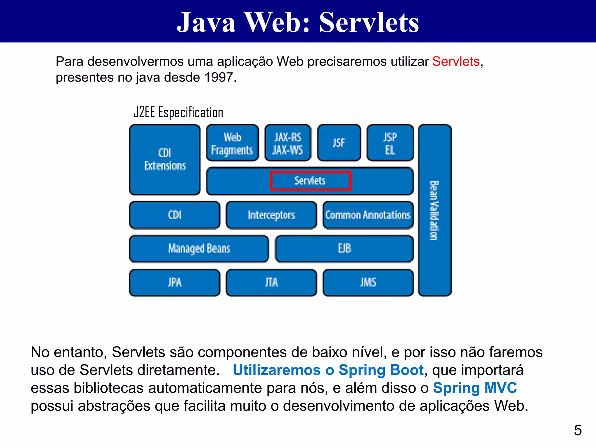 5 Java Web: Servlets J2EE Especification Para desenvolvermos uma aplicação Web precisaremos utilizar Servlets, presentes no java desde 1997. No entanto, Servlets são componentes de baixo nível, e por isso não faremos uso de Servlets diretamente. Utilizaremos o Spring Boot, que importará essas bibliotecas automaticamente para nós, e além disso o Spring MVC possui abstrações que facilita muito o desenvolvimento de aplicações Web. 