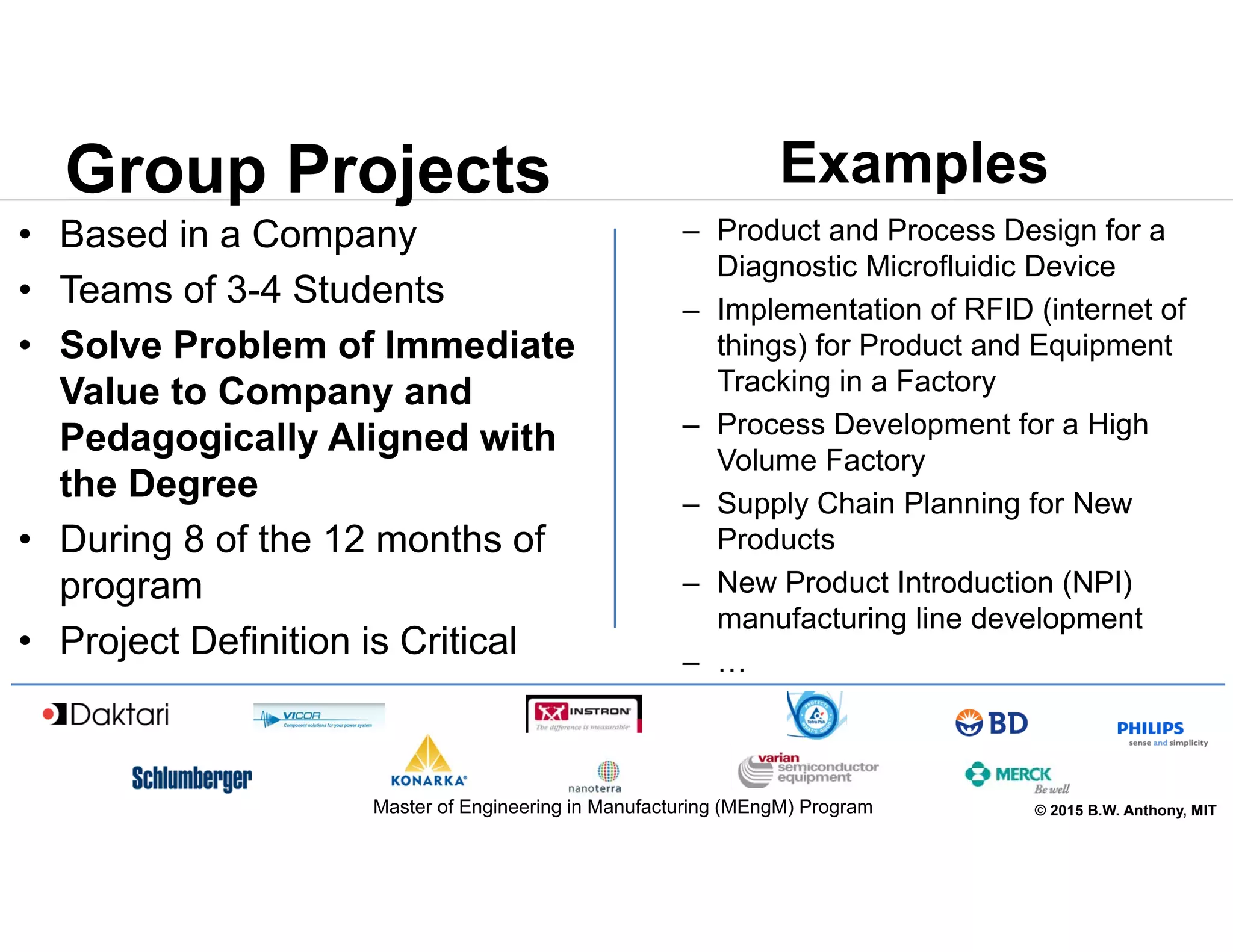 © 2015 B.W. Anthony, MIT
Group Projects
• Based in a Company
• Teams of 3-4 Students
• Solve Problem of Immediate
Value to Company and
Pedagogically Aligned with
the Degree
• During 8 of the 12 months of
program
• Project Definition is Critical
– Product and Process Design for a
Diagnostic Microfluidic Device
– Implementation of RFID (internet of
things) for Product and Equipment
Tracking in a Factory
– Process Development for a High
Volume Factory
– Supply Chain Planning for New
Products
– New Product Introduction (NPI)
manufacturing line development
– …
Examples
Master of Engineering in Manufacturing (MEngM) Program
 