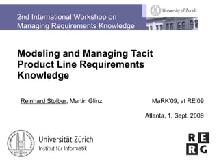 Modeling and Managing Tacit Product Line Requirements Knowledge Reinhard Stoiber , Martin Glinz MaRK’09, at RE’09 Atlanta, 1. Sept. 2009 2nd International Workshop on Managing Requirements Knowledge 
