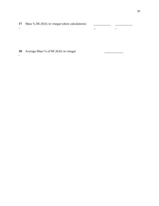17
.
Mass % HC2H3O2 in vinegar (show calculations) ___________
_
___________
_
18
.
Average Mass % of HC2H3O2 in vinegar ____________
95
 