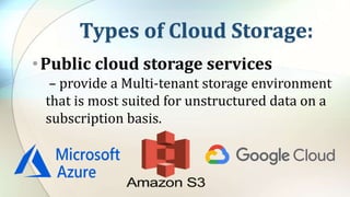 Types of Cloud Storage:
•Public cloud storage services
– provide a Multi-tenant storage environment
that is most suited for unstructured data on a
subscription basis.
 