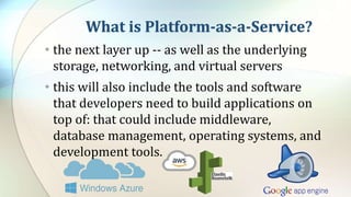 What is Platform-as-a-Service?
• the next layer up -- as well as the underlying
storage, networking, and virtual servers
• this will also include the tools and software
that developers need to build applications on
top of: that could include middleware,
database management, operating systems, and
development tools.
 