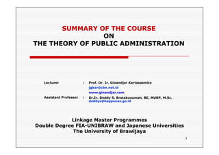 SUMMARY OF THE COURSE
                 ON
THE THEORY OF PUBLIC ADMINISTRATION




   Lecturer              :   Prof. Dr. Ir. Ginandjar Kartasasmita
                             jgkar@cbn.net.id
                             www.ginandjar.com
   Assistant Professor   :   Dr.Ir. Deddy S. Bratakusumah, BE, MURP, M.Sc.
                             deddys@bappenas.go.id




            Linkage Master Programmes
Double Degree FIA-UNIBRAW and Japanese Universities
             The University of B a ija a
                 Uni e sit     Brawijaya
                                                                             1