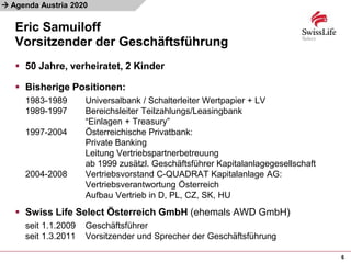 
Eric Samuiloff
Vorsitzender der Geschäftsführung
6
 50 Jahre, verheiratet, 2 Kinder
 Bisherige Positionen:
1983-1989 Universalbank / Schalterleiter Wertpapier + LV
1989-1997 Bereichsleiter Teilzahlungs/Leasingbank
“Einlagen + Treasury”
1997-2004 Österreichische Privatbank:
Private Banking
Leitung Vertriebspartnerbetreuung
ab 1999 zusätzl. Geschäftsführer Kapitalanlagegesellschaft
2004-2008 Vertriebsvorstand C-QUADRAT Kapitalanlage AG:
Vertriebsverantwortung Österreich
Aufbau Vertrieb in D, PL, CZ, SK, HU
 Swiss Life Select Österreich GmbH (ehemals AWD GmbH)
seit 1.1.2009 Geschäftsführer
seit 1.3.2011 Vorsitzender und Sprecher der Geschäftsführung
Agenda Austria 2020
 