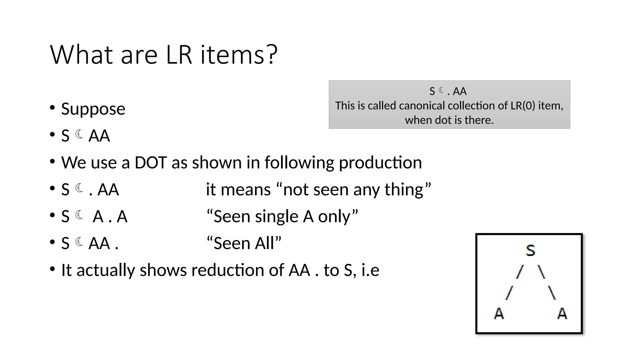 What are LR items? • Suppose • SAA • We use a DOT as shown in following production • S. AA it means “not seen any thing” • S A . A “Seen single A only” • SAA . “Seen All” • It actually shows reduction of AA . to S, i.e S. AA This is called canonical collection of LR(0) item, when dot is there. 