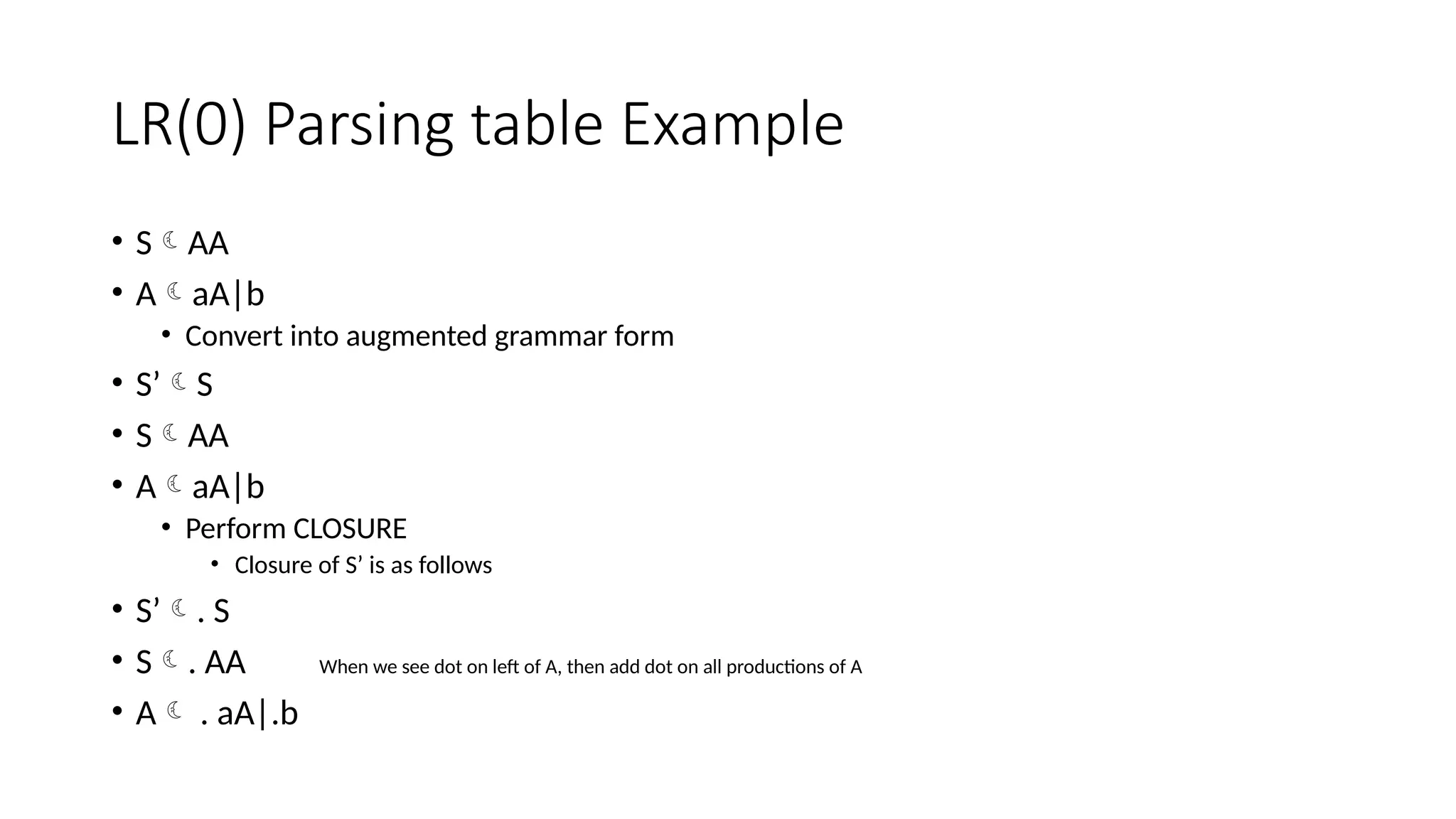 LR(0) Parsing table Example • SAA • AaA|b • Convert into augmented grammar form • S’S • SAA • AaA|b • Perform CLOSURE • Closure of S’ is as follows • S’. S • S. AA When we see dot on left of A, then add dot on all productions of A • A . aA|.b 