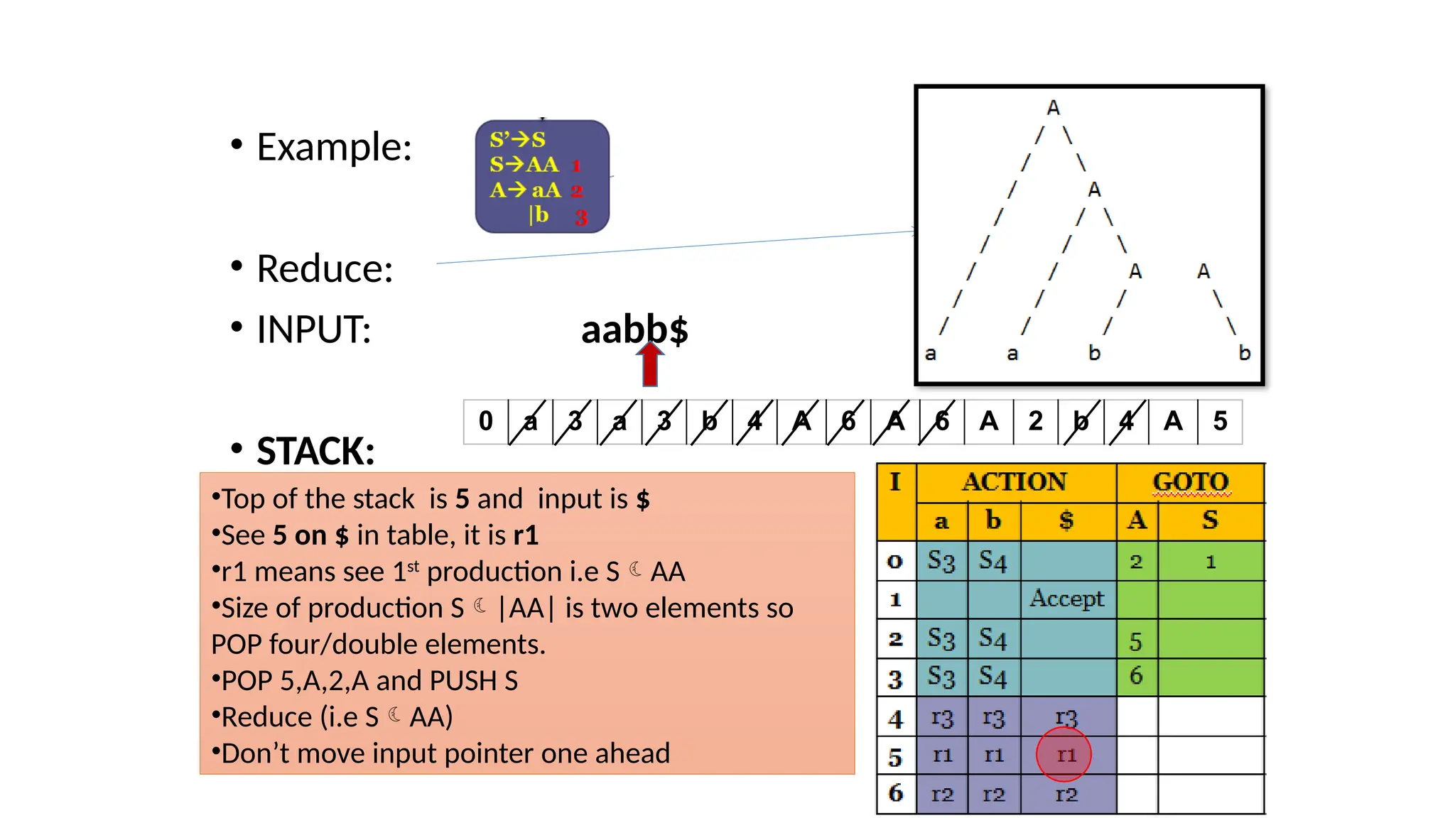 • Example: • Reduce: • INPUT: aabb$ • STACK: 0 a 3 a 3 b 4 A 6 A 6 A 2 b 4 A 5 •Top of the stack is 5 and input is $ •See 5 on $ in table, it is r1 •r1 means see 1st production i.e SAA •Size of production S|AA| is two elements so POP four/double elements. •POP 5,A,2,A and PUSH S •Reduce (i.e SAA) •Don’t move input pointer one ahead 