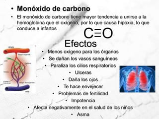 C  OMonóxido de carbonoEl monóxido de carbono tiene mayor tendencia a unirse a la hemoglobina que el oxígeno, por lo que causa hipoxia, lo que conduce a infartosEfectosMenos oxígeno para los órganos