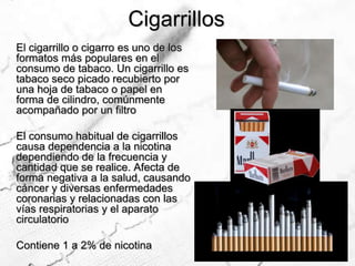 CigarrillosEl cigarrillo o cigarro es uno de los formatos más populares en el consumo de tabaco. Un cigarrillo es tabaco seco picado recubierto por una hoja de tabaco o papel en forma de cilindro, comúnmente acompañado por un filtroEl consumo habitual de cigarrillos causa dependencia a la nicotina dependiendo de la frecuencia y cantidad que se realice. Afecta de forma negativa a la salud, causando cáncer y diversas enfermedades coronarias y relacionadas con las vías respiratorias y el aparato circulatorioContiene 1 a 2% de nicotina