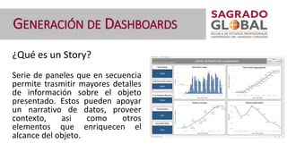 ¿Qué es un Story?
Serie de paneles que en secuencia
permite trasmitir mayores detalles
de información sobre el objeto
presentado. Estos pueden apoyar
un narrativo de datos, proveer
contexto, asi como otros
elementos que enriquecen el
alcance del objeto.
GENERACIÓN DE DASHBOARDS
 
