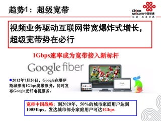 视频业务驱动互联网带宽爆炸式增长，
超级宽带势在必行
趋势1：超级宽带
1Gbps速率成为宽带接入新标杆
2012年7月26日，Google在堪萨
斯城推出1Gbps宽带服务，同时发
布Google光纤电视服务。
宽带中国战略：到2020年，50%的城市家庭用户达到
100Mbps，发达城市部分家庭用户可达1Gbps
 