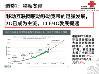移动互联网驱动移动宽带的迅猛发展，
3G已成为主流，LTE/4G发展提速
趋势2：移动宽带
根据KPCB数据，
移 动 设 备 驱 动 着
大 部 分 网 络 流 量
的 增 长 ， 到 2013
年5月，移动设备
占 据 了 全 部 互 联
网 流 量 的 15% 。
而在2009年5月，
只有0.9%。
 