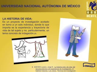 UNIVERSIDAD NACIONAL AUTÓNOMA DE MÉXICO LA HISTORIA DE VIDA: Es un proyecto de investigación acotado en torno a un solo individuo, donde lo que importa es la experiencia y trayectoria de vida de tal sujeto y no, particularmente, un tema concreto de indagación. (8) INICIO 8.  ACEVES Lozano, Jorge E.,  La historia oral y de vida: del recursos técnico a la experiencia de investigación,  en Galindo Cáceres, Luis Jesús,  Técnicas de investigación en sociedad, cultura y comunicación.  Ed. Pearson educación, México, 1998, p. 208 