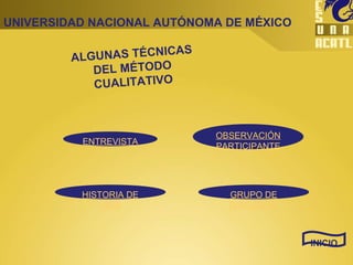 UNIVERSIDAD NACIONAL AUTÓNOMA DE MÉXICO ALGUNAS TÉCNICAS DEL MÉTODO CUALITATIVO INICIO ENTREVISTA OBSERVACIÓN PARTICIPANTE HISTORIA DE VIDA GRUPO DE DISCUSIÓN 