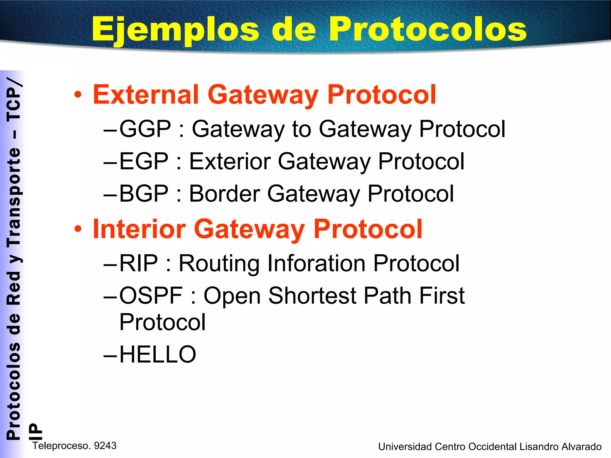 Ejemplos de Protocolos External Gateway Protocol GGP : Gateway to Gateway Protocol EGP : Exterior Gateway Protocol BGP : Border Gateway Protocol Interior Gateway Protocol RIP : Routing Inforation Protocol OSPF : Open Shortest Path First Protocol HELLO 